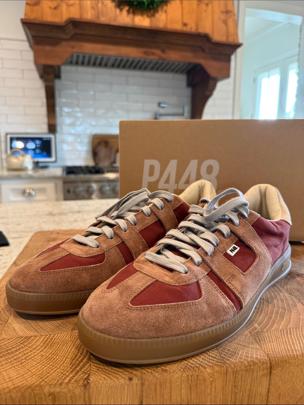 P448 Men’s Suede & Leather Low-Top Sneakers in Brown and Red